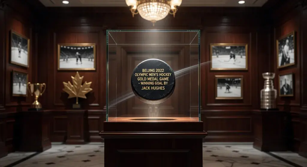 Jack Hughes says puck from U.S. Olympic men's hockey gold-medal goal held by Hockey Hall of Fame in Toronto