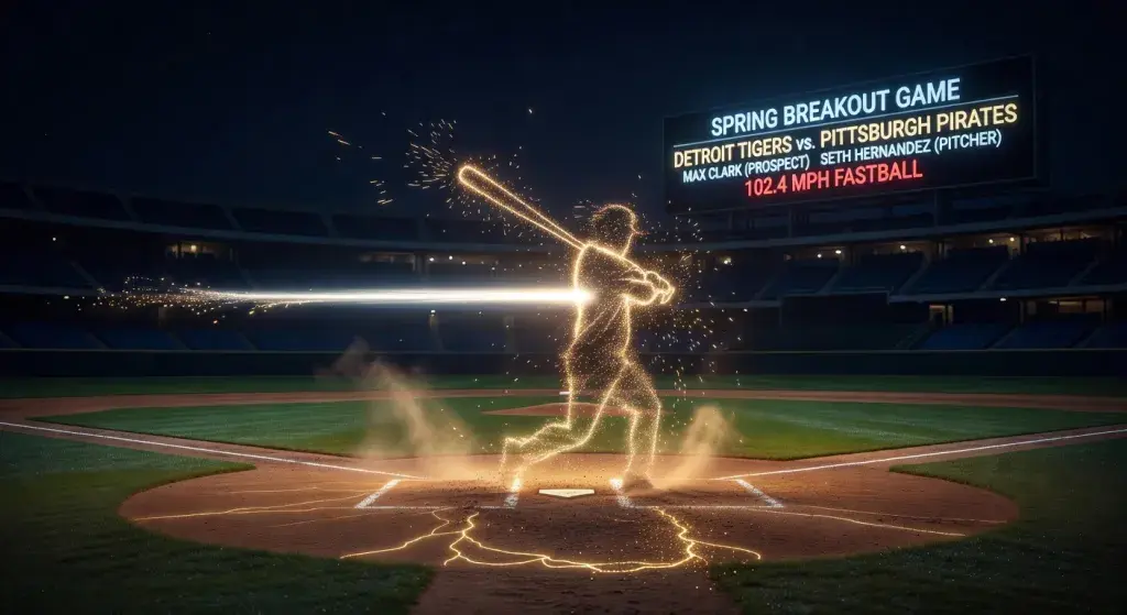 Detroit Tigers prospect Max Clark reacts to 102.4 mph fastball from Pirates' Seth Hernandez in Spring Breakout game